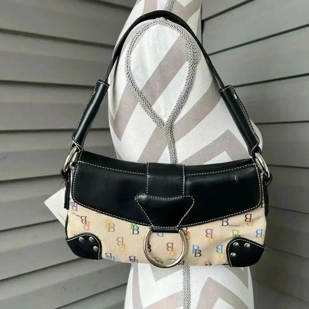 Vintage Y2K Canvas Shoulder Bag With Rainbow BB Monogram And Silver Hardware.